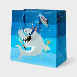 Large Square Shark Birthday Gift Bag with Tag Blue - Spritz™