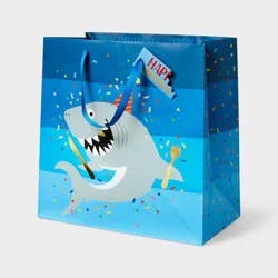 Large Square Shark Birthday Gift Bag with Tag Blue - Spritz™