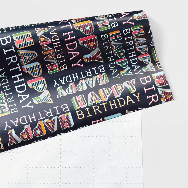slide 3 of 3, 96"x30" 'Happy Birthday' Gift Wrapping Paper Black - Spritz™, 1 ct