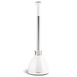 simplehuman Toilet Plunger with Magnetic Caddy Holder - White Steel: Durable Rubber, Sleek Design, Bathroom Accessory