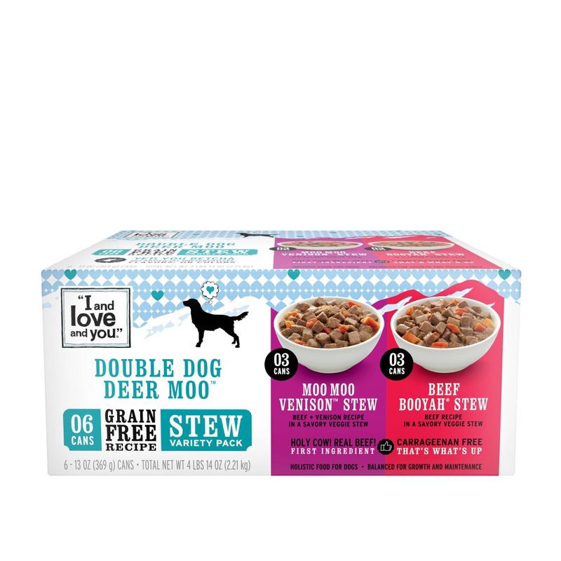 slide 2 of 3, I and Love and You Multipack Beef Booyah Stew & Moo Moo Venison Stew Wet Dog Food - 78oz/6pk, 78 oz, 6 ct