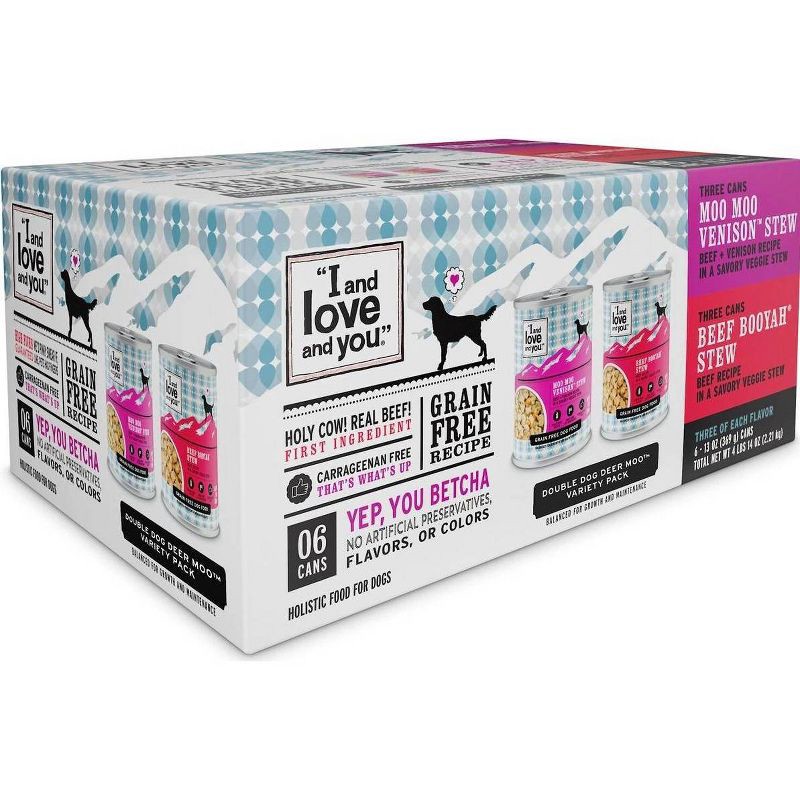 slide 3 of 3, I and Love and You Multipack Beef Booyah Stew & Moo Moo Venison Stew Wet Dog Food - 78oz/6pk, 78 oz, 6 ct
