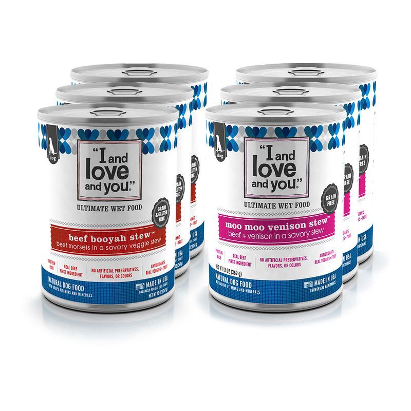 slide 1 of 3, I and Love and You Multipack Beef Booyah Stew & Moo Moo Venison Stew Wet Dog Food - 78oz/6pk, 78 oz, 6 ct