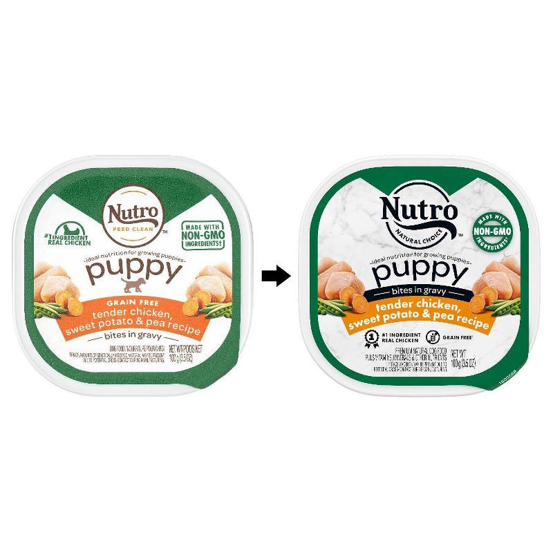 slide 3 of 11, Nutro Grain Free Bites In Gravy Puppy Wet Dog Food Tender Chicken, Sweet Potato & Pea Recipe - 3.5oz, 3.5 oz