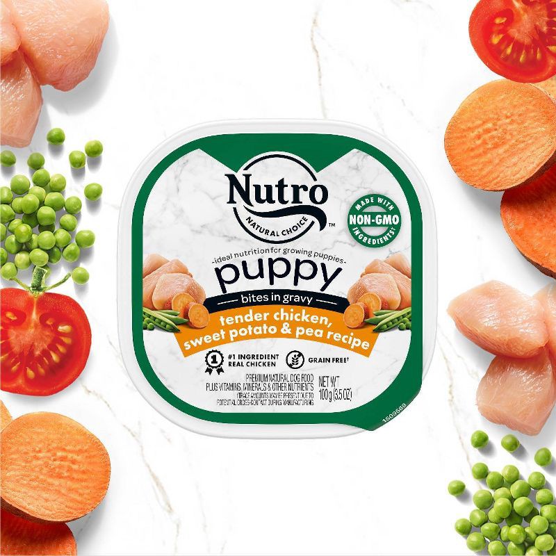 slide 4 of 11, Nutro Grain Free Bites In Gravy Puppy Wet Dog Food Tender Chicken, Sweet Potato & Pea Recipe - 3.5oz, 3.5 oz