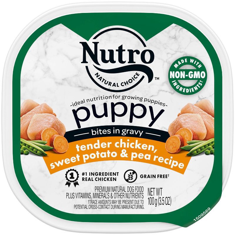 slide 1 of 11, Nutro Grain Free Bites In Gravy Puppy Wet Dog Food Tender Chicken, Sweet Potato & Pea Recipe - 3.5oz, 3.5 oz