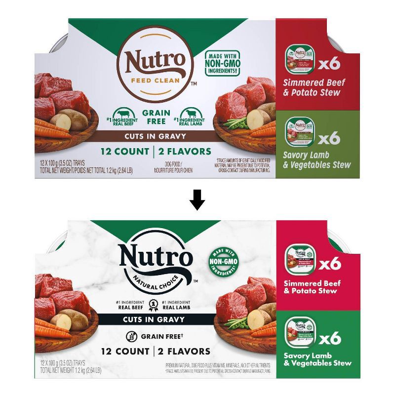 slide 3 of 11, Nutro Grain Free Cuts In Gravy Adult Wet Dog Food Simmered Beef, Chicken & Savory Lamb - 3.5oz/12ct Variety Pack, 12 ct; 3.5 oz