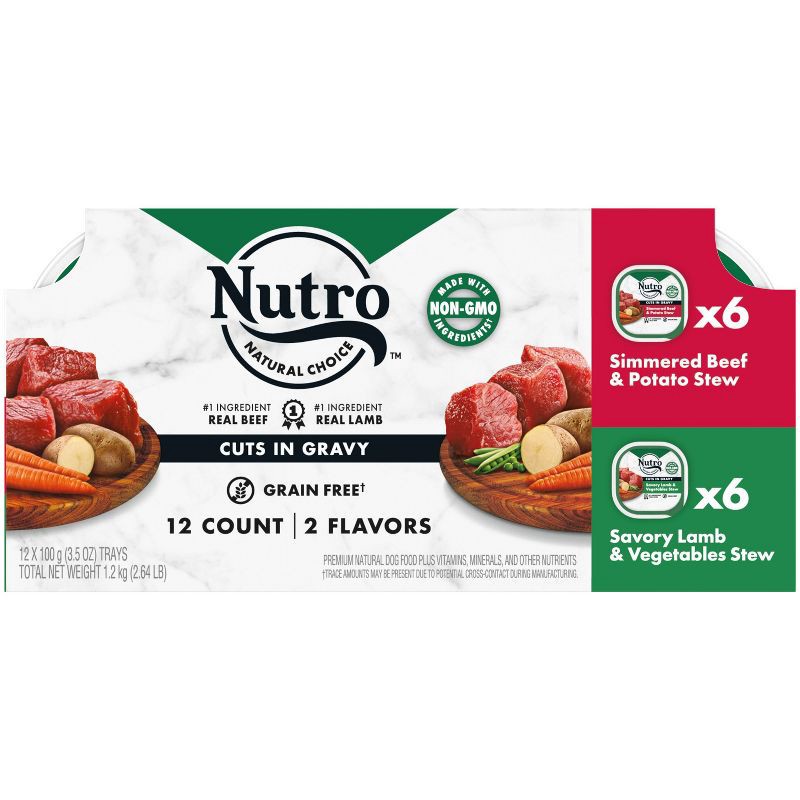 slide 1 of 11, Nutro Grain Free Cuts In Gravy Adult Wet Dog Food Simmered Beef, Chicken & Savory Lamb - 3.5oz/12ct Variety Pack, 12 ct; 3.5 oz