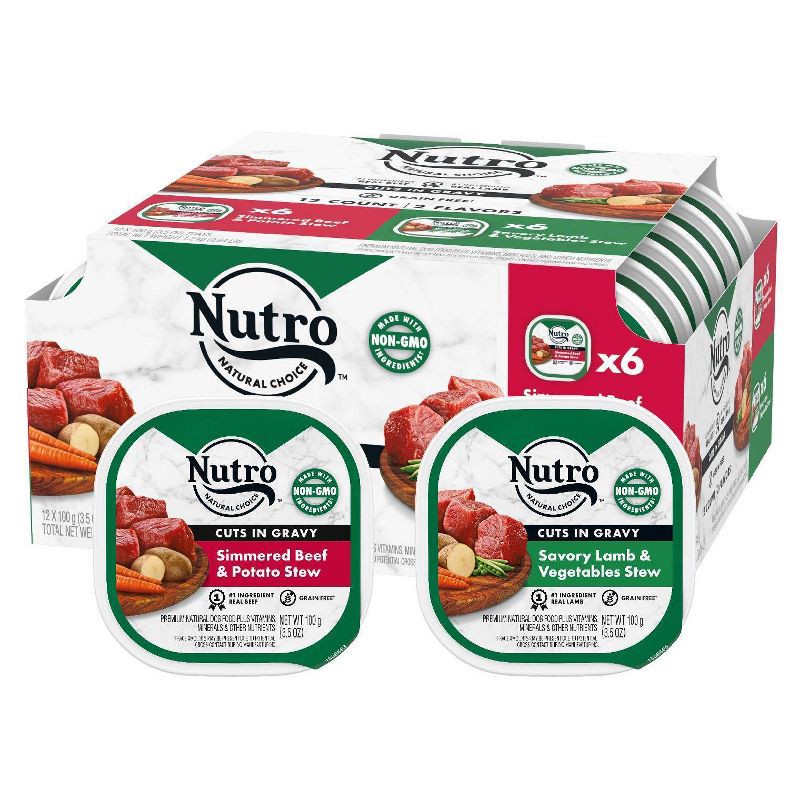 slide 6 of 11, Nutro Grain Free Cuts In Gravy Adult Wet Dog Food Simmered Beef, Chicken & Savory Lamb - 3.5oz/12ct Variety Pack, 12 ct; 3.5 oz