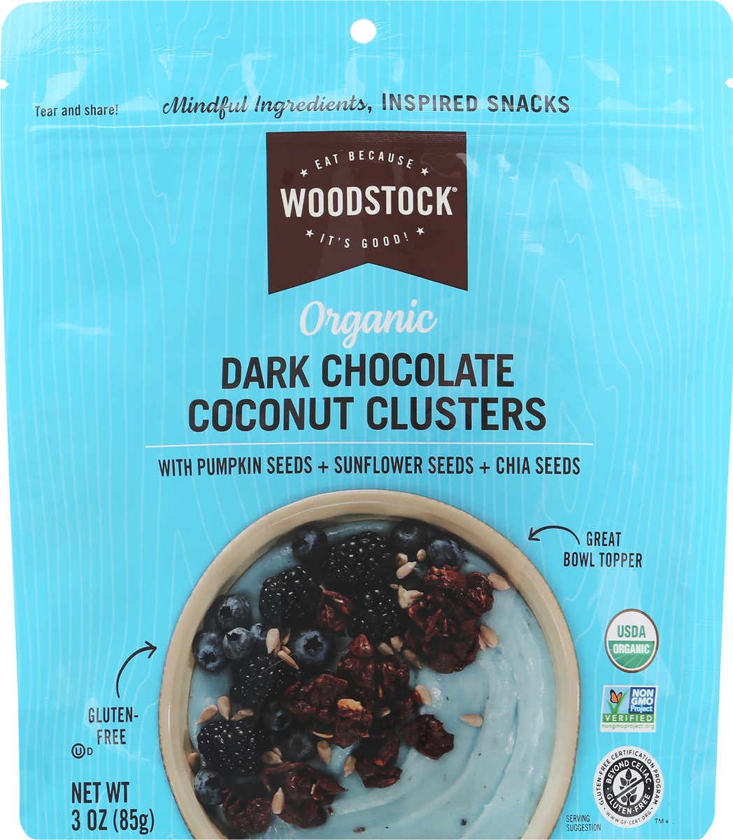 slide 4 of 12, Woodstock Organic Dark Chocolate Coconut Clusters 3 oz, 3 oz