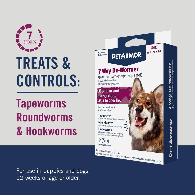 slide 5 of 7, PetArmor 7-Way Deworm Dog Insect Treatment for Dogs - Above 25lbs - 2ct, 25 lb, 2 ct