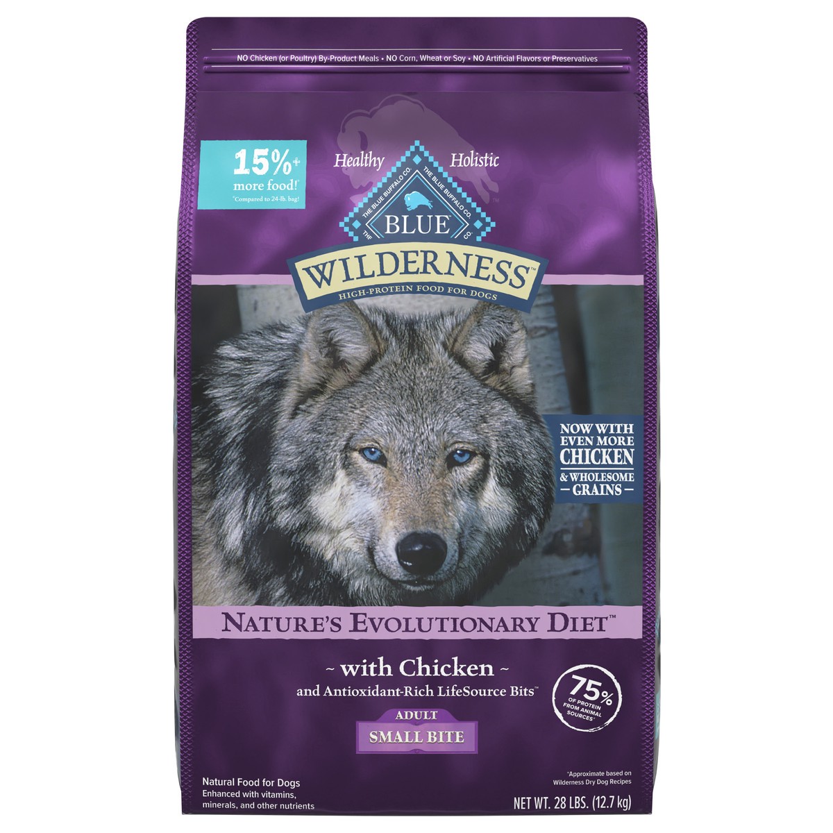 slide 1 of 1, Blue Buffalo Wilderness High Protein Natural Small Bite Adult Dry Dog Food plus Wholesome Grains, Chicken 28 lb bag, 28 lb