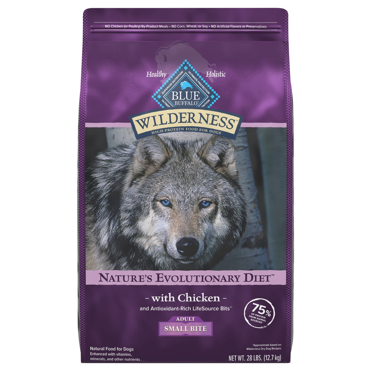 slide 1 of 1, Blue Buffalo Wilderness Natural High-Protein, Small-Bite Dry Food for Adult Dogs, with Wholesome Grains, Chicken, 28-lb bag., 28 lb