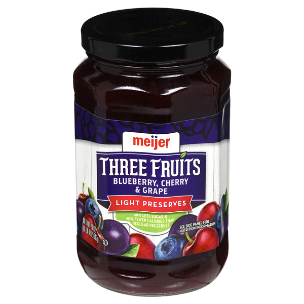 slide 1 of 1, Meijer Three Fruits Light Preserves Blueberry, Cherry & Grape, 20 oz