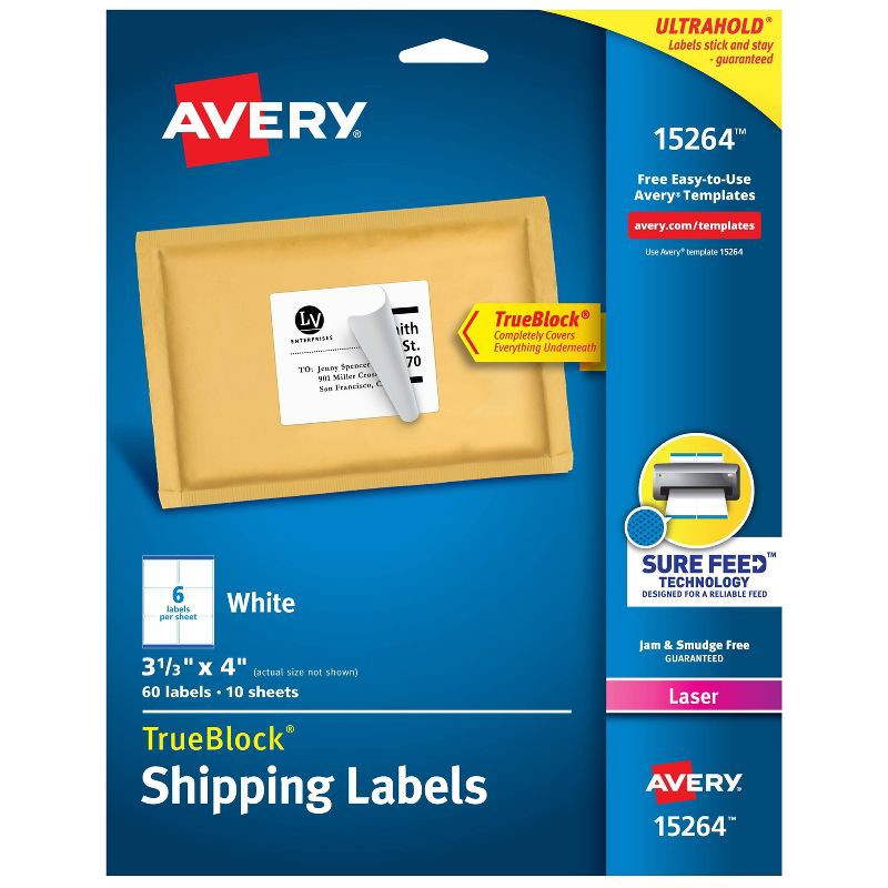 slide 1 of 6, Avery 3 1/3" x 4" 60ct TrueBlock Shipping Labels White: Printable Mailing & Address Labels for Printers, 60 ct