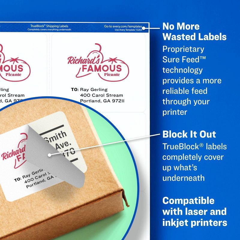 slide 4 of 6, Avery 3 1/3" x 4" 60ct TrueBlock Shipping Labels White: Printable Mailing & Address Labels for Printers, 60 ct