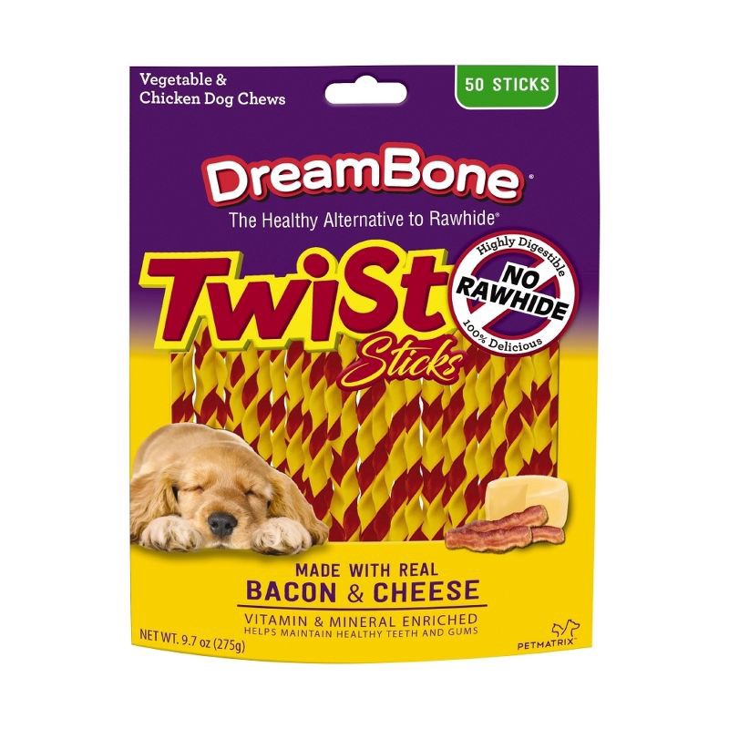 slide 1 of 3, DreamBone Rawhide Free Twist Sticks Bacon & Cheese Dog Treats - 50ct, 50 ct