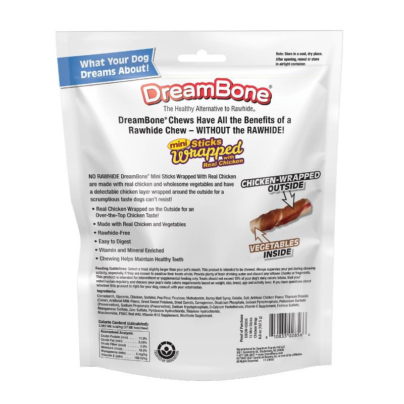 slide 2 of 10, DreamBone Rawhide Free Dog Chews Mini Real Chicken Wrapped Sticks with Vegetable Chews Dog Treats - 15pk, 15 ct