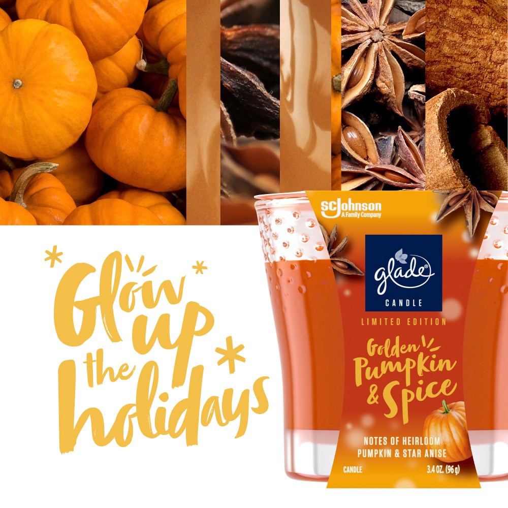 slide 5 of 6, Glade 1 Wick Scented Candle, Golden Pumpkin & Spice, Fragrance Infused with Essential Oils, 3.4 oz, 3.4 oz