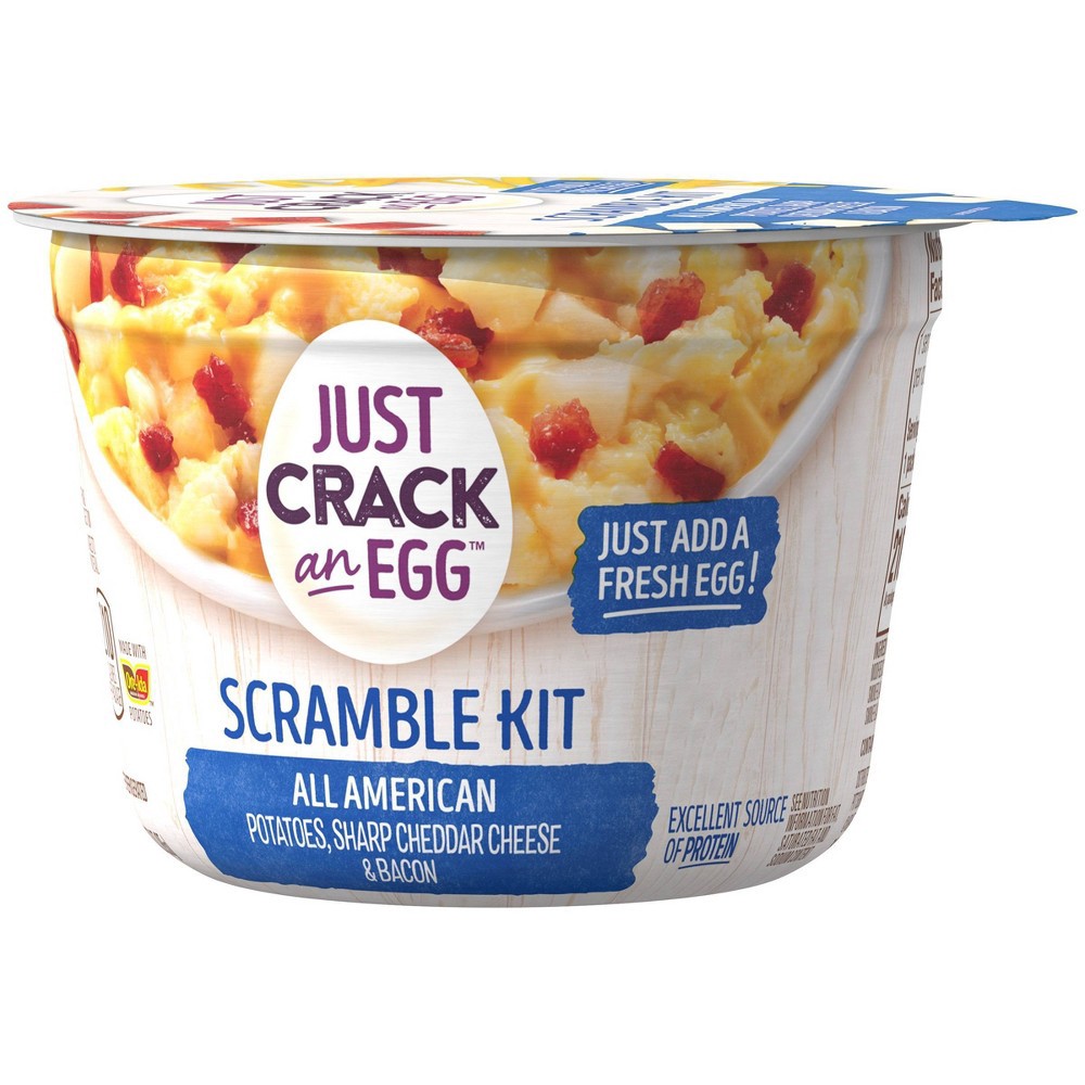 slide 5 of 7, Just Crack an Egg All American Scramble Breakfast Bowl Kit with Potatoes, Sharp Cheddar Cheese and Uncured Bacon Cup, 3 oz