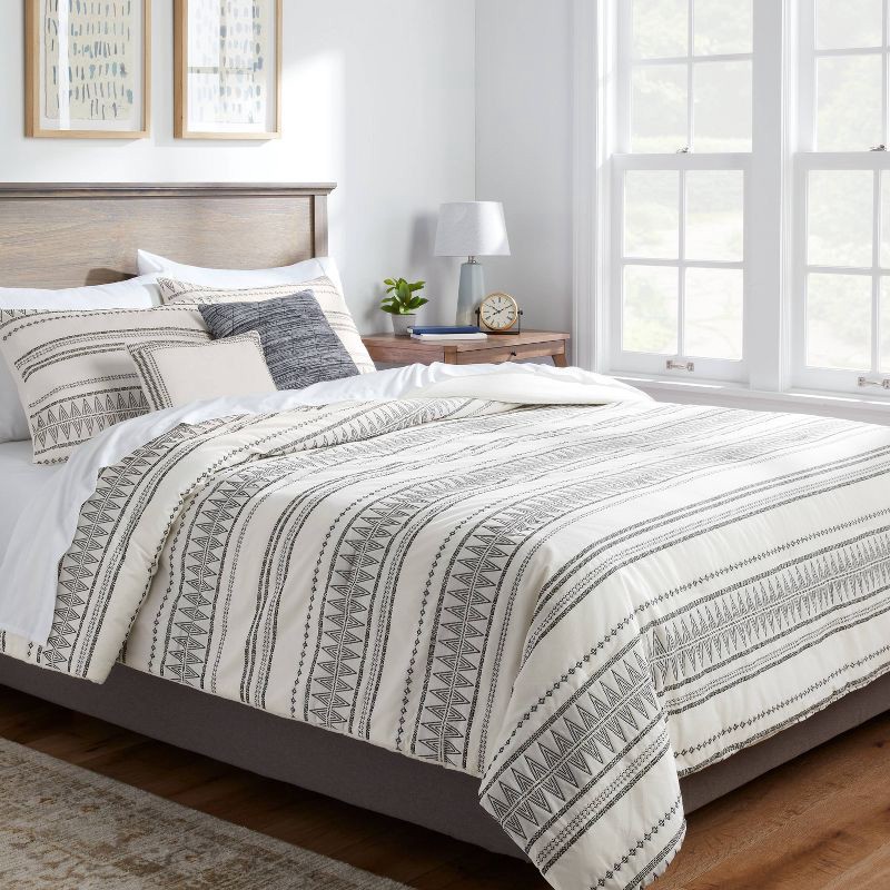 slide 2 of 7, 5pc Full/Queen Woven Diamond Stripe Comforter Set Cream/Black - Threshold™: Jacquard, OEKO-TEX Certified, 5 ct