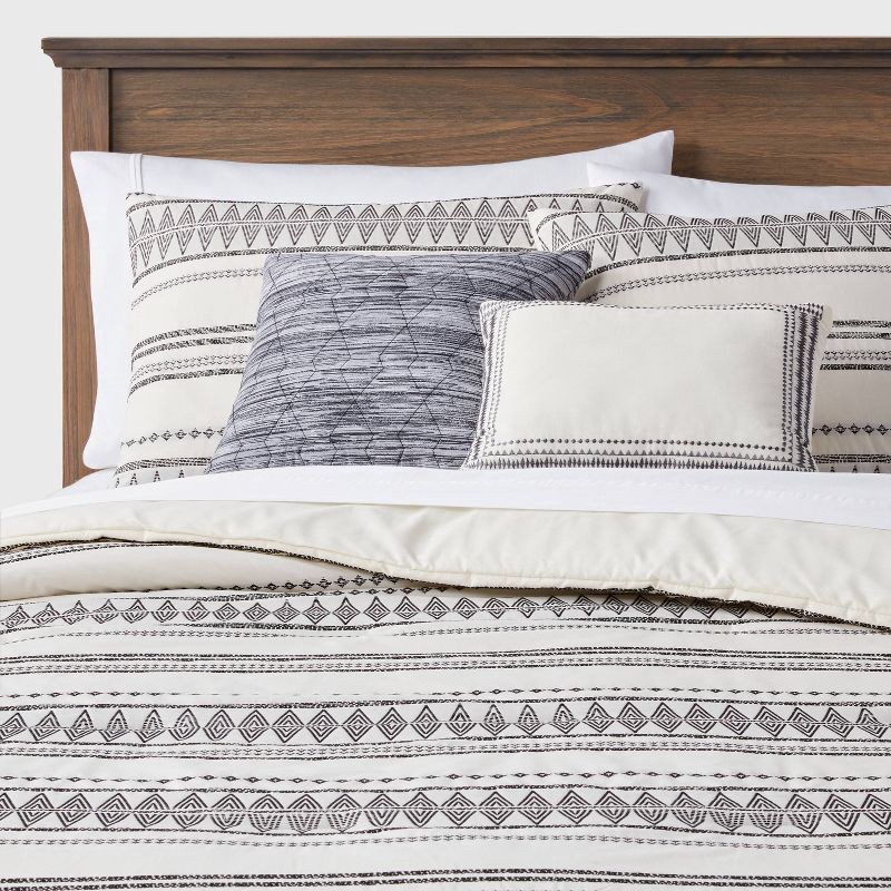 slide 1 of 7, 5pc Full/Queen Woven Diamond Stripe Comforter Set Cream/Black - Threshold™: Jacquard, OEKO-TEX Certified, 5 ct