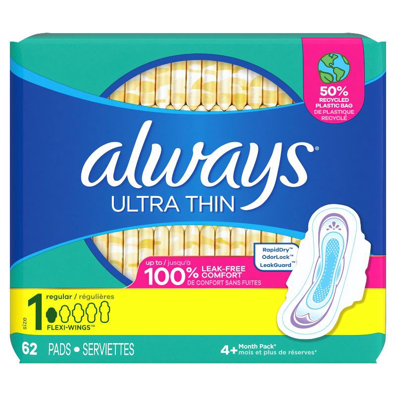 slide 2 of 9, Always Ultra Thin Pads Unscented with Wings - Regular Absorbency - Size 1 - 62ct, 62 ct