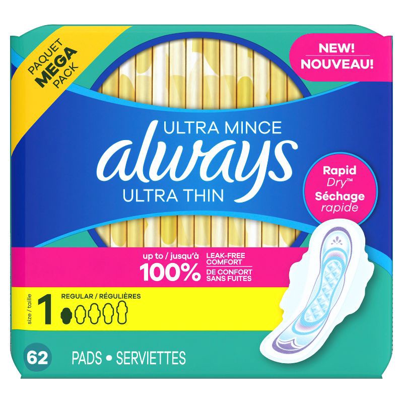 slide 2 of 12, Always Ultra Thin Pads Unscented with Wings - Regular Absorbency - Size 1 - 62ct, 1 x 62 ct