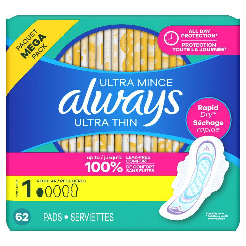 slide 9 of 13, Always Ultra Thin Pads Unscented with Wings - Regular Absorbency - Size 1 - 62ct, 1 x 62 ct
