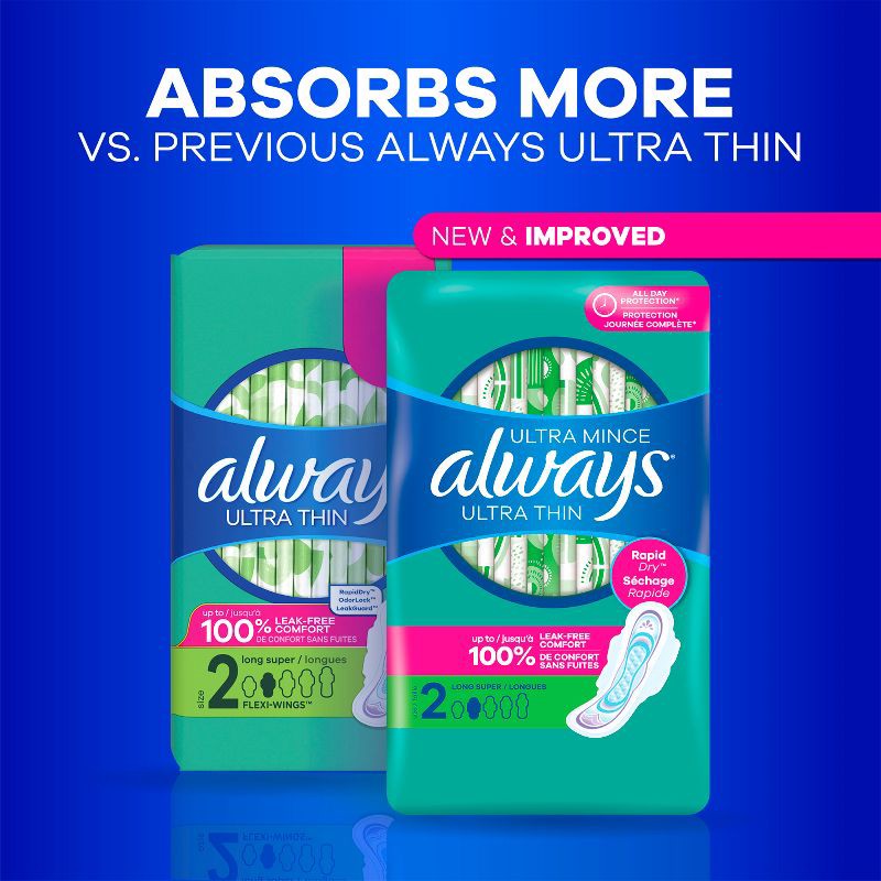 slide 8 of 12, Always Ultra Thin Pads Unscented with Wings - Regular Absorbency - Size 1 - 62ct, 1 x 62 ct
