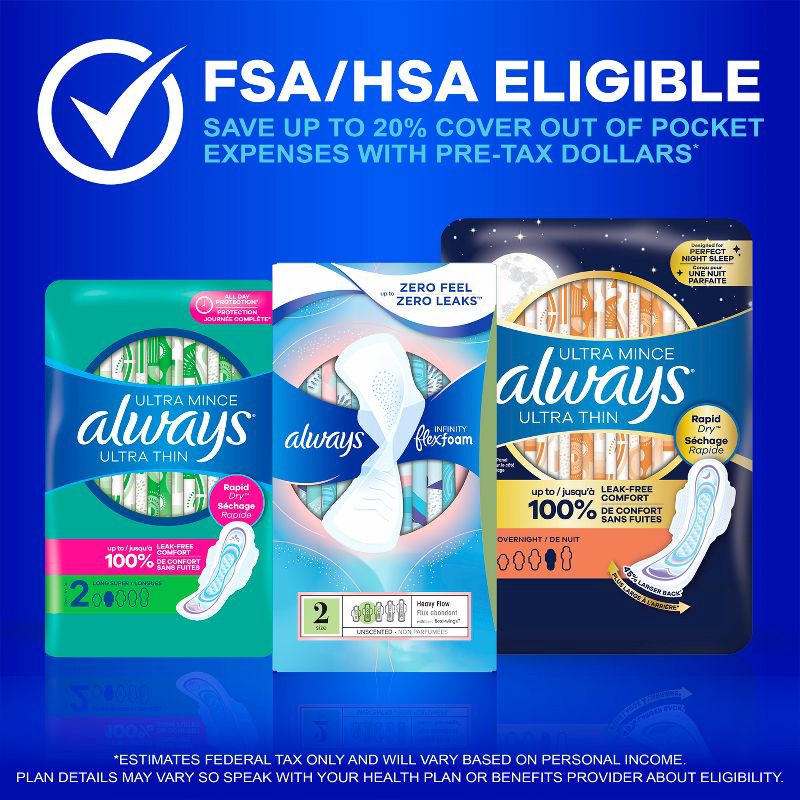 slide 9 of 12, Always Ultra Thin Pads Unscented with Wings - Regular Absorbency - Size 1 - 62ct, 1 x 62 ct