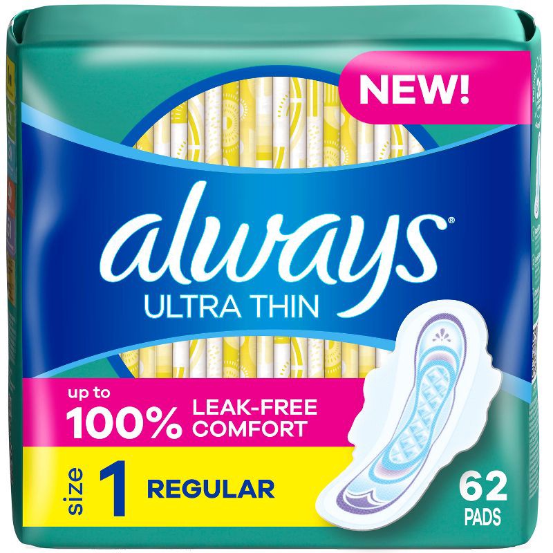 slide 1 of 12, Always Ultra Thin Pads Unscented with Wings - Regular Absorbency - Size 1 - 62ct, 1 x 62 ct