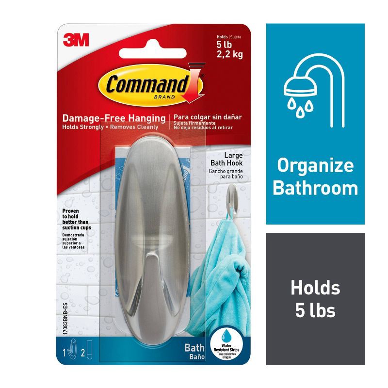 slide 2 of 12, Command 1 Hook 2 Strips Large Sized Bath Designer Hook Nickel: Heavy Duty Adhesive, 5 lb Capacity, Silver, 5 lb