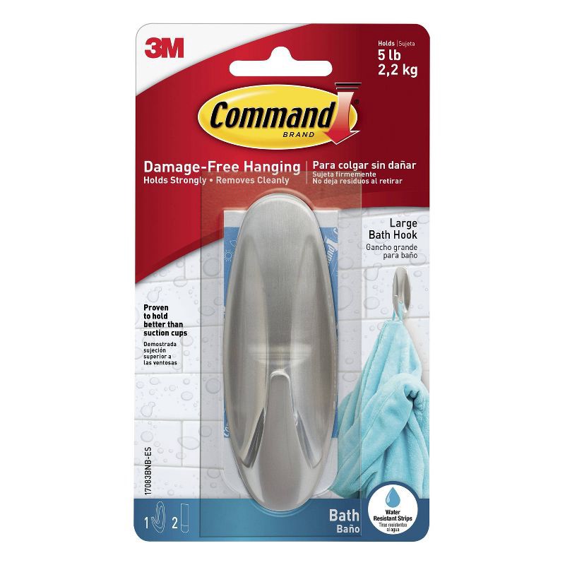 slide 1 of 12, Command 1 Hook 2 Strips Large Sized Bath Designer Hook Nickel: Heavy Duty Adhesive, 5 lb Capacity, Silver, 5 lb