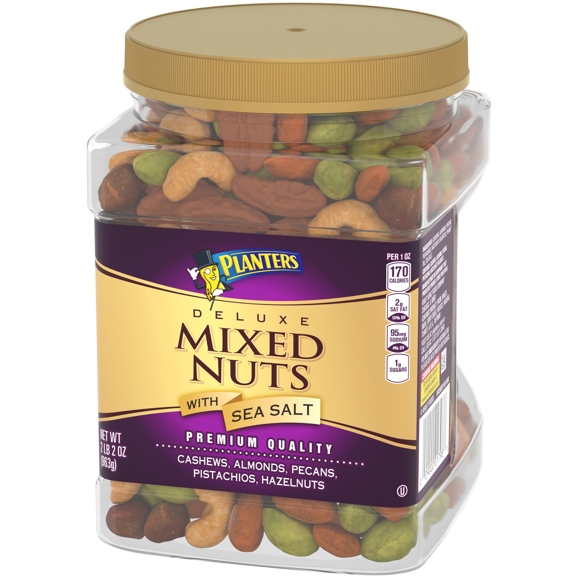 slide 12 of 27, Planters Deluxe Mixed Nuts with Cashews, Almonds, Pecans, Pistachios, Hazelnuts & Sea Salt, 34 oz