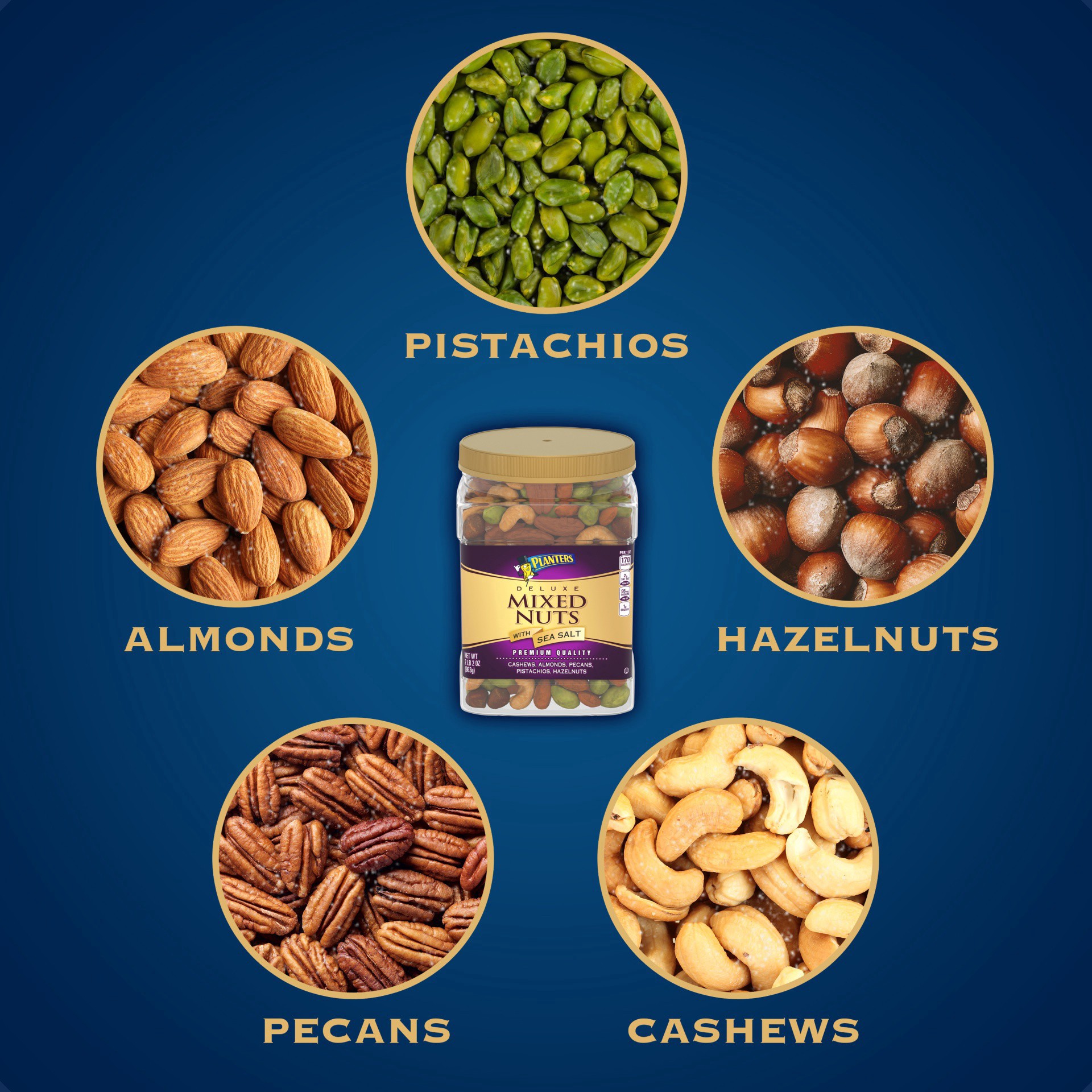 slide 21 of 27, Planters Deluxe Mixed Nuts with Cashews, Almonds, Pecans, Pistachios, Hazelnuts & Sea Salt, 34 oz