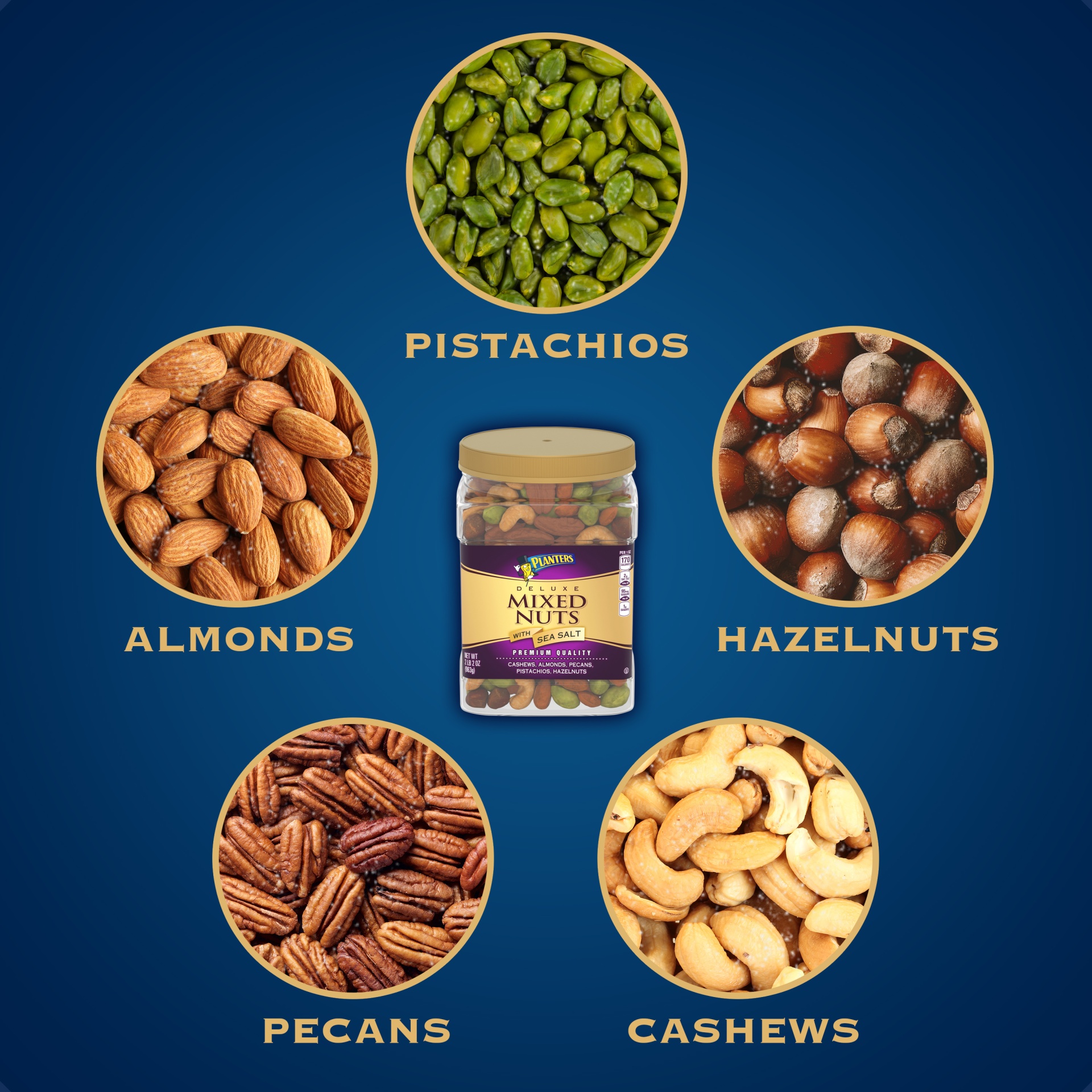 slide 5 of 14, Planters Deluxe Mixed Nuts with Cashews, Almonds, Pecans, Pistachios, Hazelnuts & Sea Salt, 34 oz
