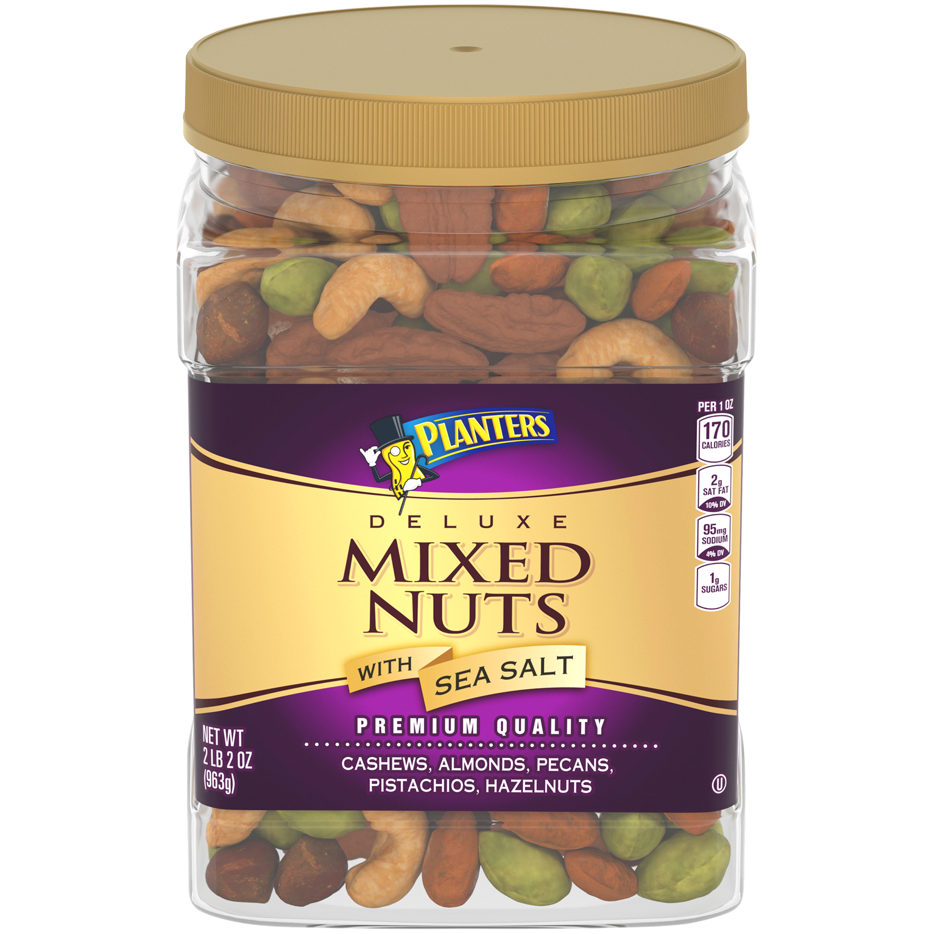 slide 1 of 27, Planters Deluxe Mixed Nuts with Cashews, Almonds, Pecans, Pistachios, Hazelnuts & Sea Salt, 34 oz