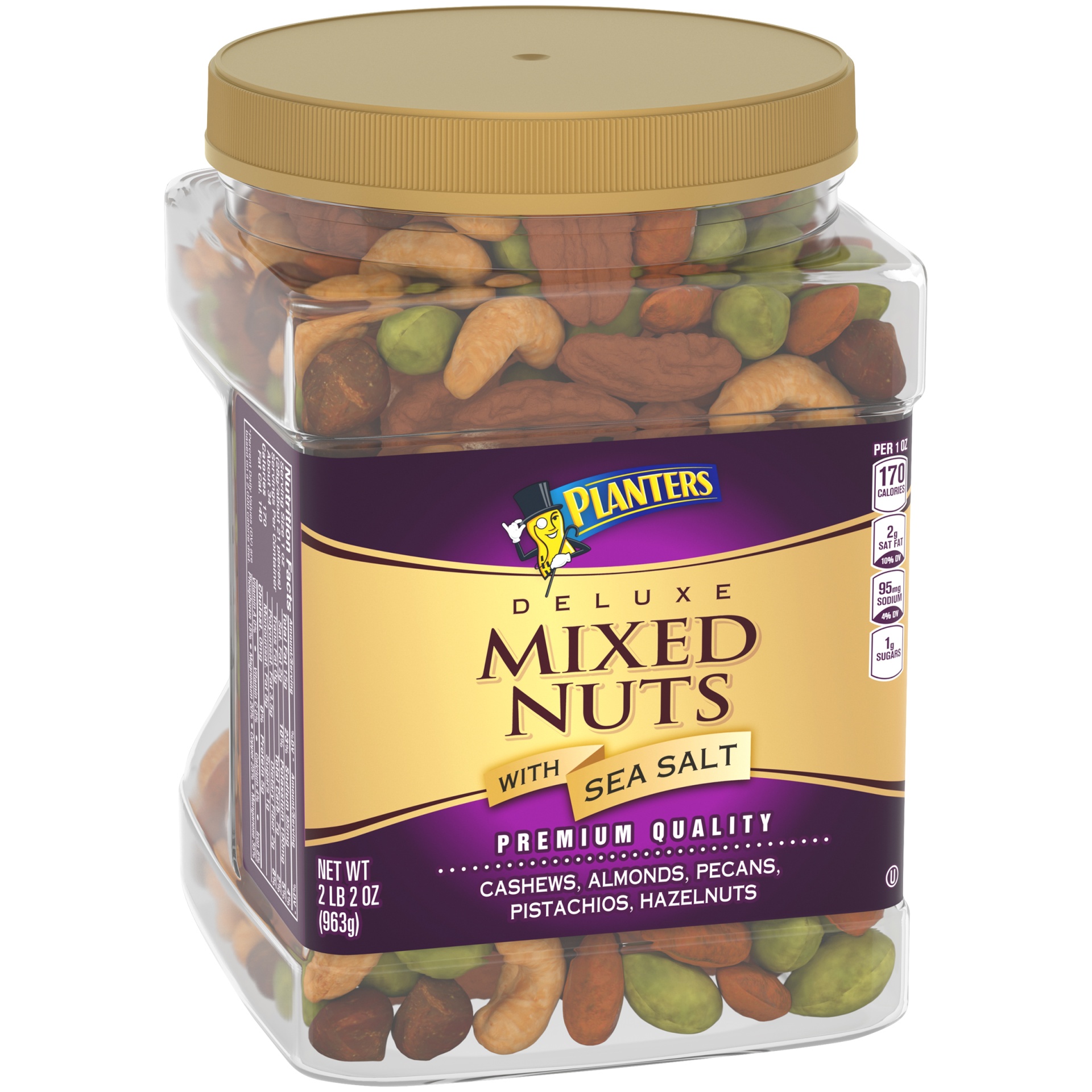 slide 10 of 14, Planters Deluxe Mixed Nuts with Cashews, Almonds, Pecans, Pistachios, Hazelnuts & Sea Salt, 34 oz