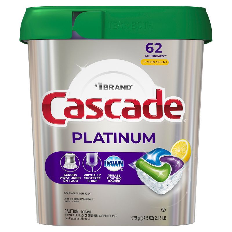 slide 13 of 15, Cascade Lemon Scent Platinum ActionPacs Dishwasher Detergents - 62ct, 62 ct