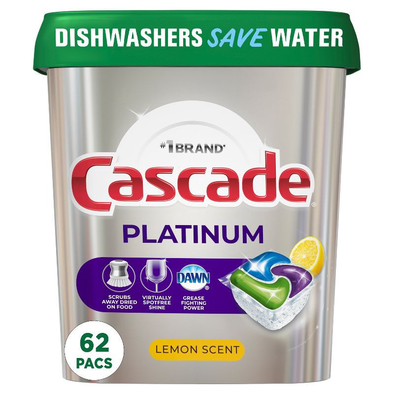 slide 1 of 15, Cascade Lemon Scent Platinum ActionPacs Dishwasher Detergents - 62ct, 62 ct