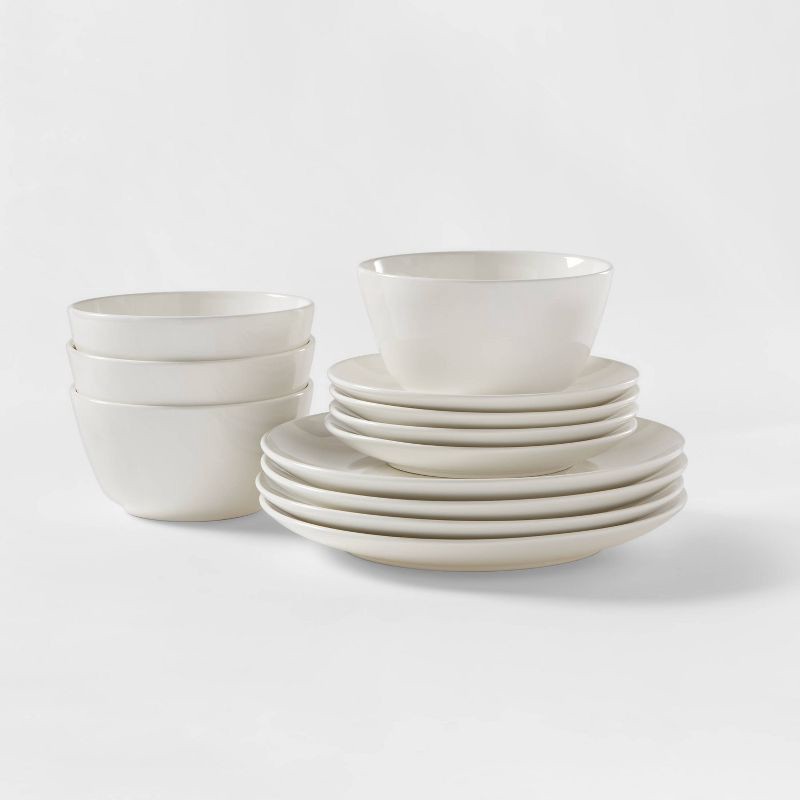 slide 1 of 5, 12pc Stoneware Avesta Dinnerware Set White - Threshold™: Modern Dish Set, Service for 4, Microwave & Dishwasher Safe, 12 ct