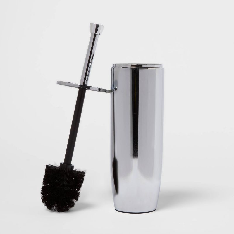 slide 3 of 3, Solid Modern Toilet Brush Chrome - Threshold™: Steel Holder, Reusable Scrubber, 16.1" Height, 1 ct
