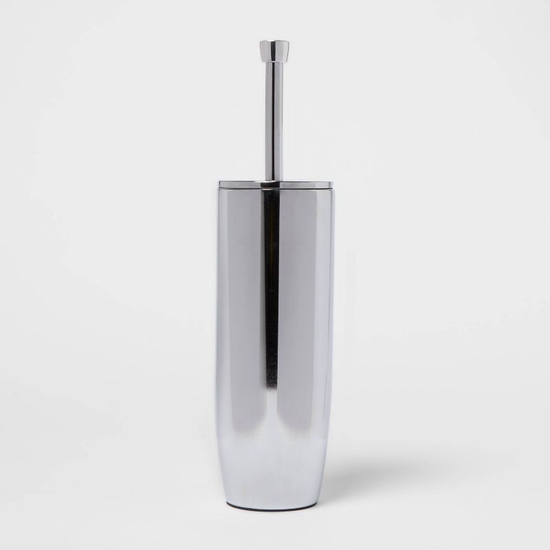 slide 1 of 3, Solid Modern Toilet Brush Chrome - Threshold™: Steel Holder, Reusable Scrubber, 16.1" Height, 1 ct