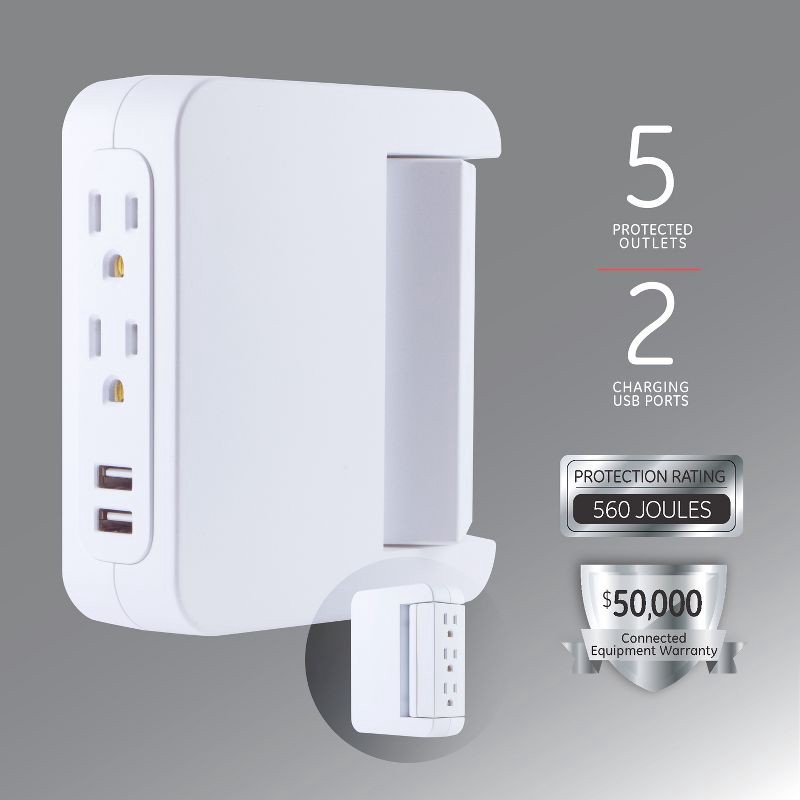 slide 3 of 8, General Electric GE Pro 5 Outlet Sur Protector Wall Tap with Swivel Access White, 1 ct