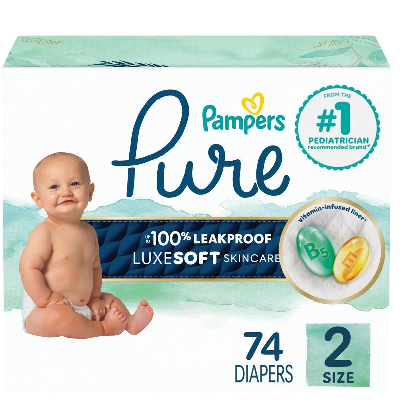 slide 1 of 16, Pampers Pure Protection Diapers Super Pack - Size 2 - 74ct, 2 x 74 ct