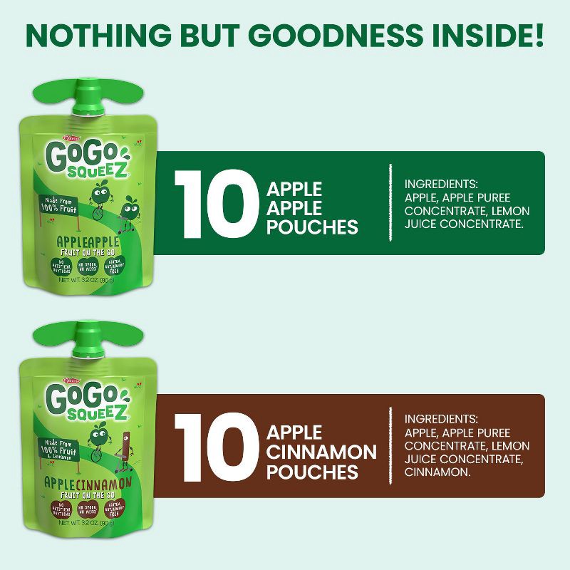 slide 4 of 6, GoGo SqueeZ No Sugar Added Applesauce and Fruit Puree Apple Cinnamon Variety Pack - 3.2oz/20ct, 3.2 oz, 20 ct