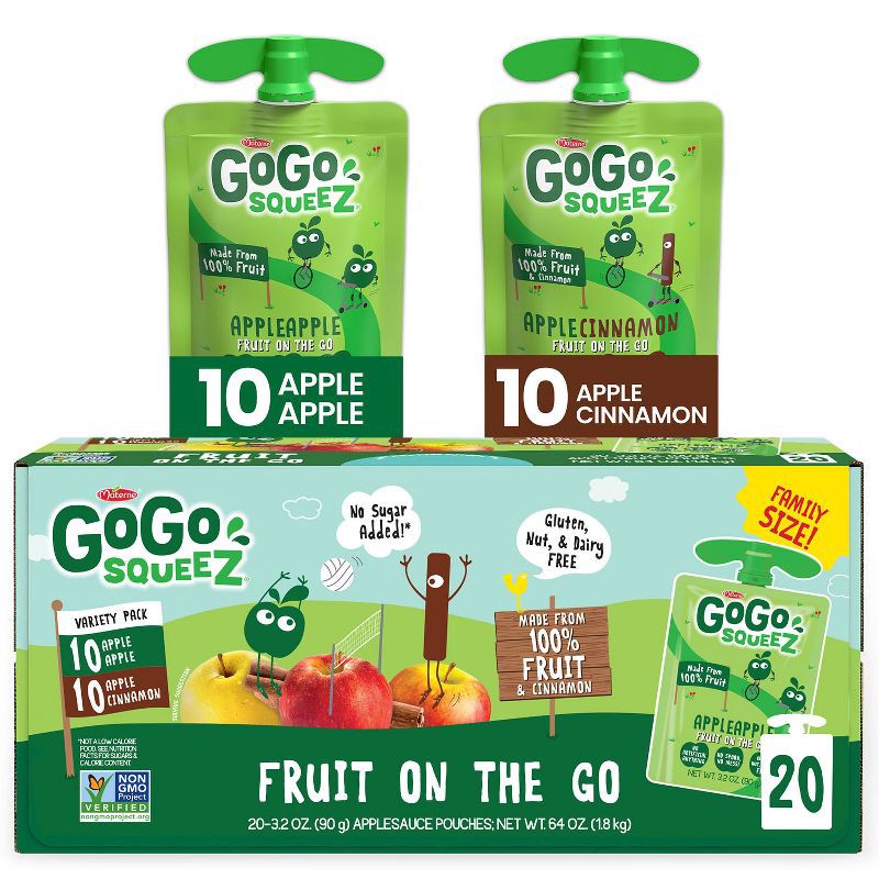 slide 1 of 6, GoGo SqueeZ No Sugar Added Applesauce and Fruit Puree Apple Cinnamon Variety Pack - 3.2oz/20ct, 3.2 oz, 20 ct