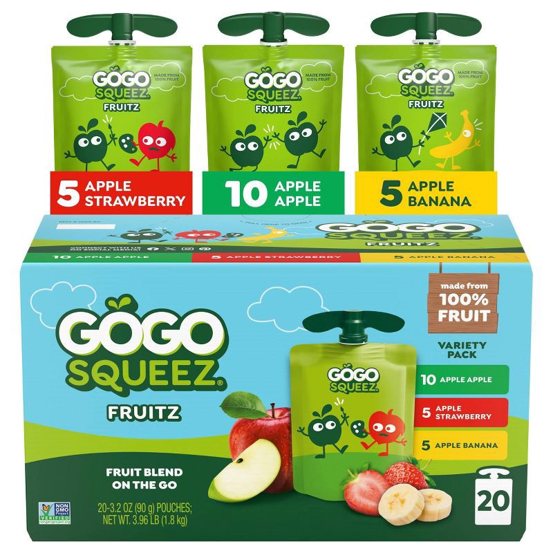 slide 1 of 7, GoGo SqueeZ No Sugar Added Applesauce and Fruit Puree Apple Banana & Strawberry Variety Pack - 3.2oz/20ct, 3.2 oz, 20 ct