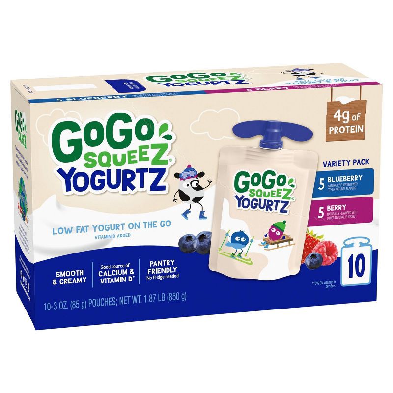 slide 2 of 8, GoGo squeeZ Kids' YogurtZ, Variety Blueberry/Berry - 30oz/10ct, 30 oz, 10 ct
